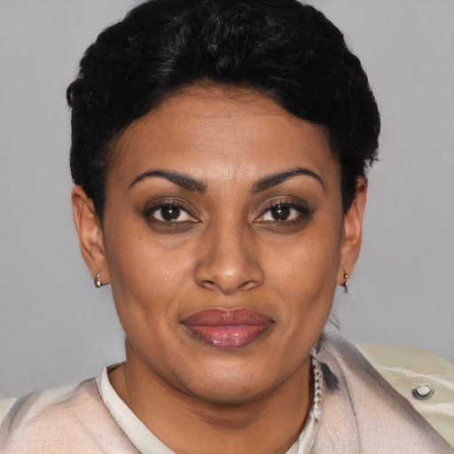 Joyful black young-adult female with short  black hair and brown eyes