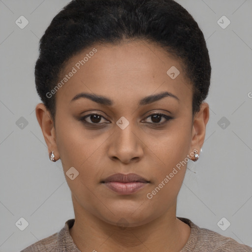 Joyful black young-adult female with short  brown hair and brown eyes