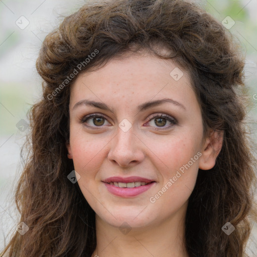 Joyful white young-adult female with long  brown hair and green eyes