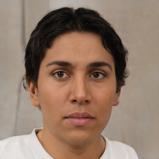 Neutral latino young-adult female with short  brown hair and brown eyes