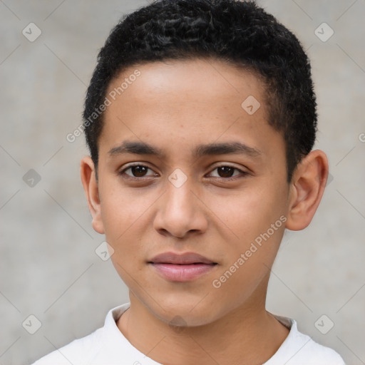 Joyful latino young-adult male with short  brown hair and brown eyes