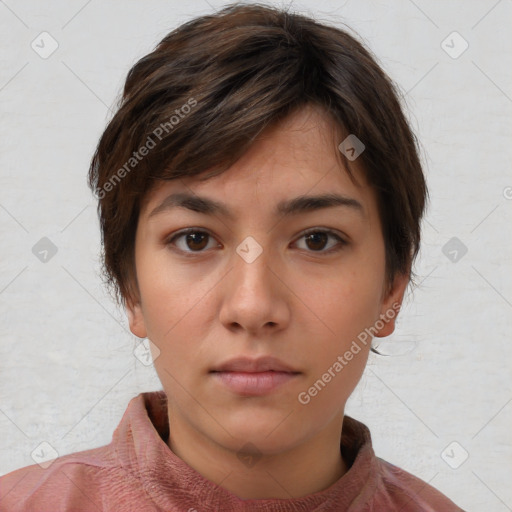 Neutral white young-adult female with short  brown hair and brown eyes