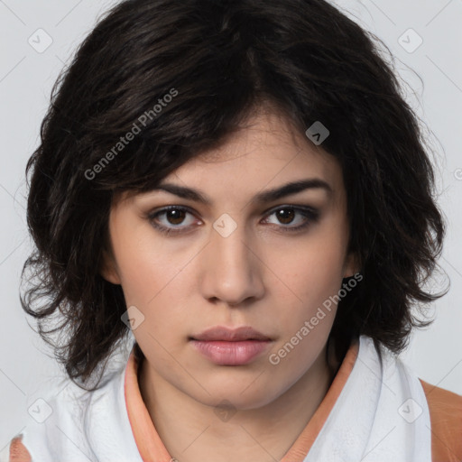 Neutral white young-adult female with medium  brown hair and brown eyes