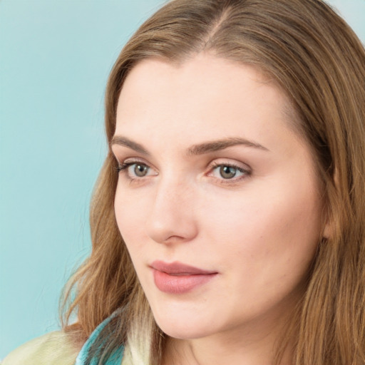 Neutral white young-adult female with long  brown hair and green eyes