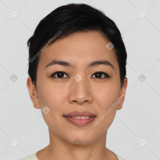 Joyful asian young-adult female with short  black hair and brown eyes