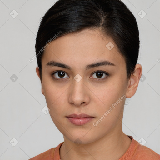 Neutral white young-adult female with short  brown hair and brown eyes