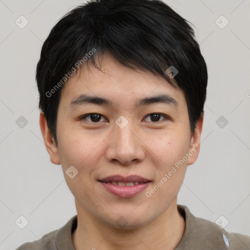 Joyful asian young-adult male with short  brown hair and brown eyes