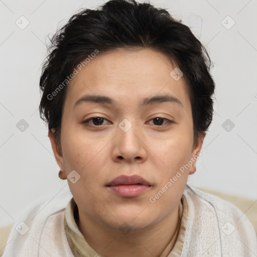 Neutral white young-adult female with short  brown hair and brown eyes