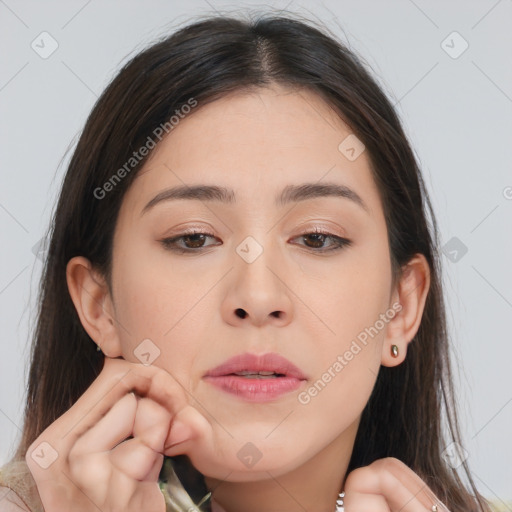 Neutral asian young-adult female with long  brown hair and brown eyes