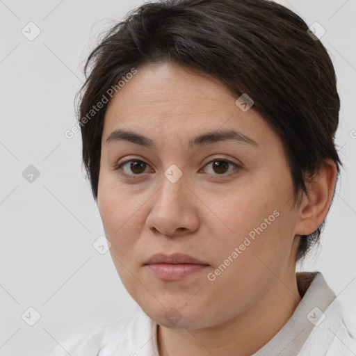 Joyful white young-adult female with medium  brown hair and brown eyes