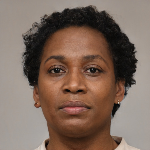Neutral black adult female with short  brown hair and brown eyes