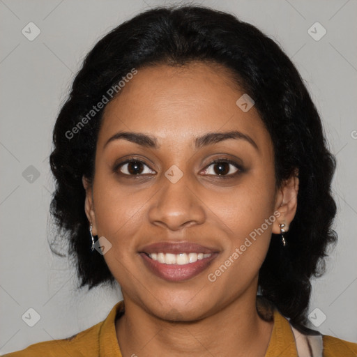 Joyful black young-adult female with medium  black hair and brown eyes