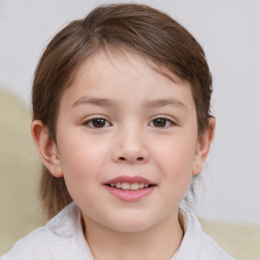 Joyful white child female with medium  brown hair and brown eyes