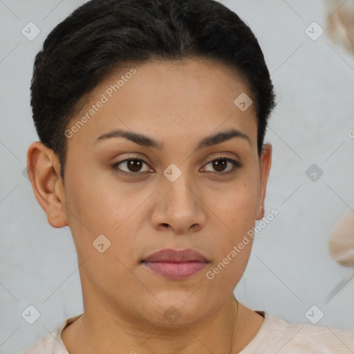 Joyful latino young-adult female with short  brown hair and brown eyes