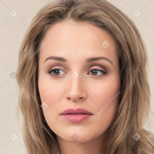 Neutral white young-adult female with long  brown hair and brown eyes