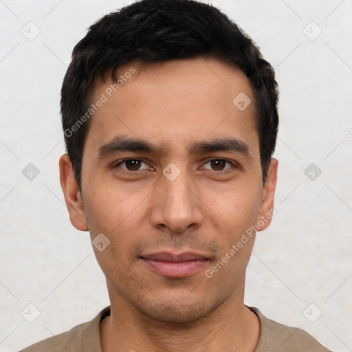 Neutral latino young-adult male with short  black hair and brown eyes