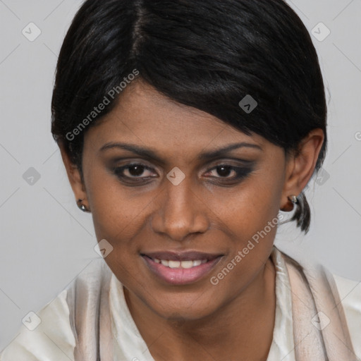 Joyful latino young-adult female with medium  brown hair and brown eyes