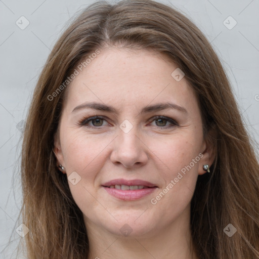 Joyful white young-adult female with long  brown hair and grey eyes