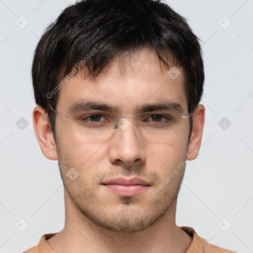 Neutral white young-adult male with short  brown hair and brown eyes