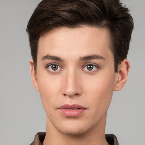 Neutral white young-adult male with short  brown hair and brown eyes