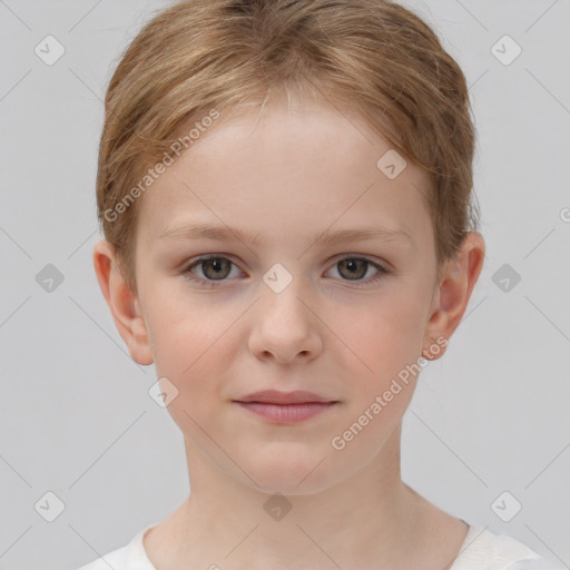 Neutral white child female with short  brown hair and grey eyes