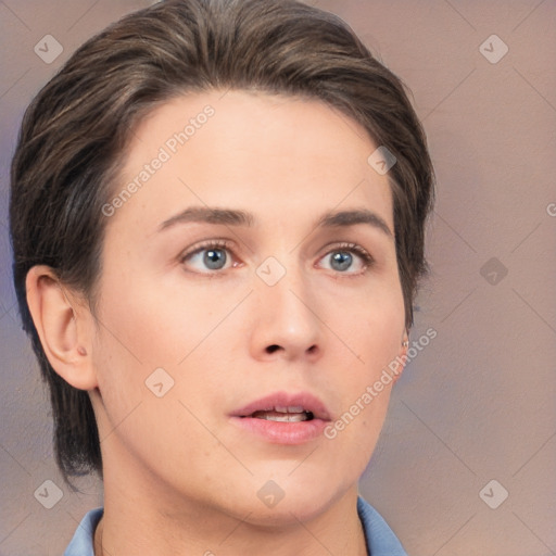 Neutral white young-adult female with medium  brown hair and brown eyes