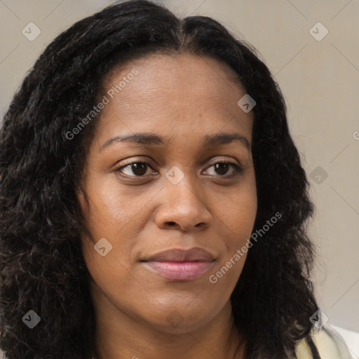 Joyful black young-adult female with long  brown hair and brown eyes