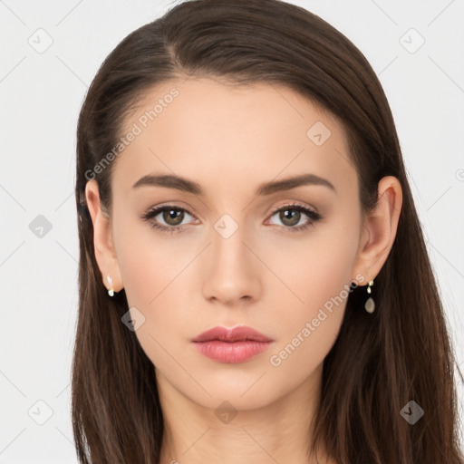 Neutral white young-adult female with long  brown hair and brown eyes