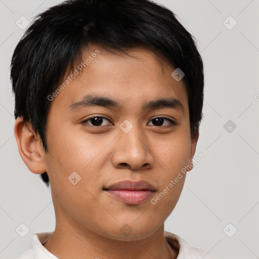 Neutral asian young-adult male with short  brown hair and brown eyes