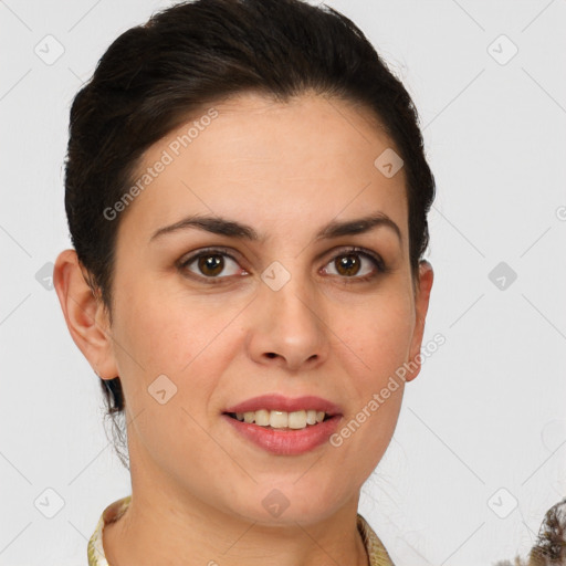 Joyful white young-adult female with medium  brown hair and brown eyes