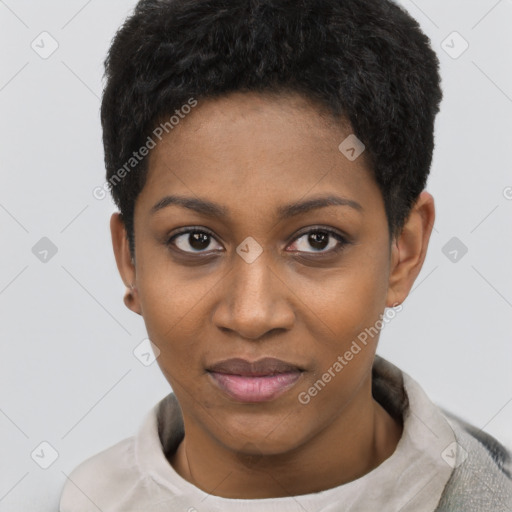 Joyful black young-adult female with short  black hair and brown eyes