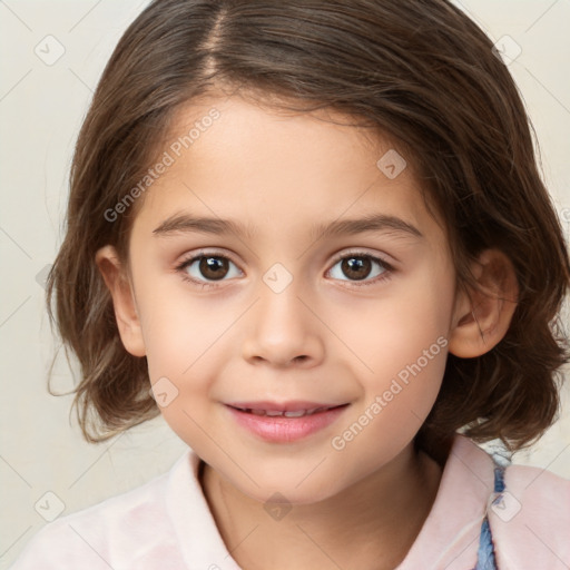 Joyful white child female with medium  brown hair and brown eyes