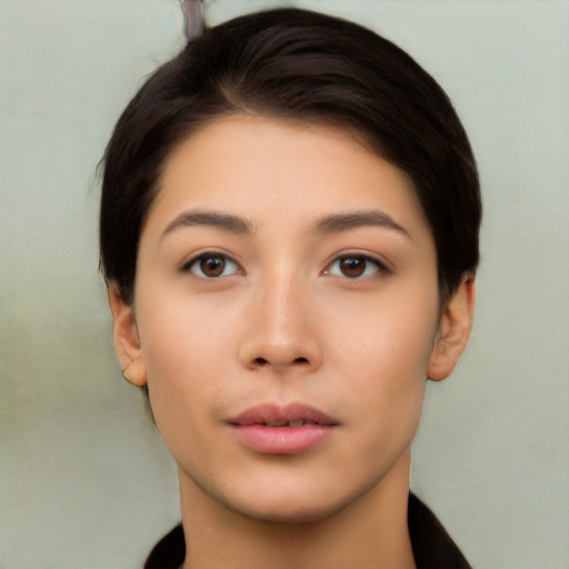 Neutral asian young-adult female with short  black hair and brown eyes