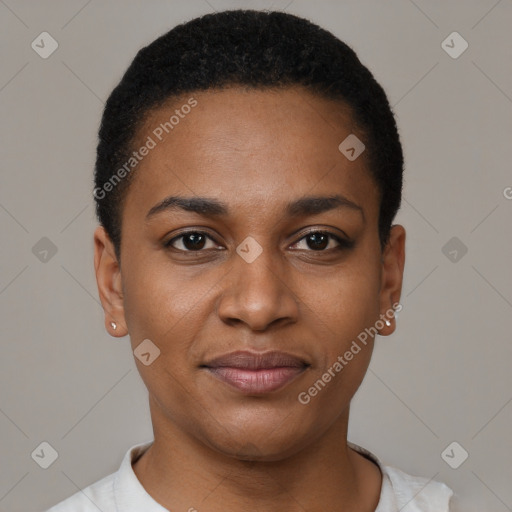 Joyful black young-adult female with short  black hair and brown eyes