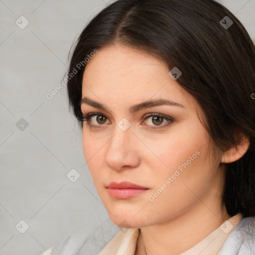 Neutral white young-adult female with medium  brown hair and brown eyes