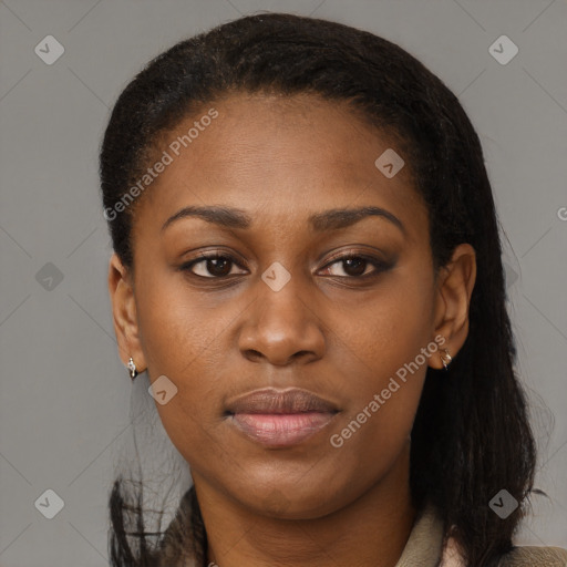 Joyful black young-adult female with medium  brown hair and brown eyes