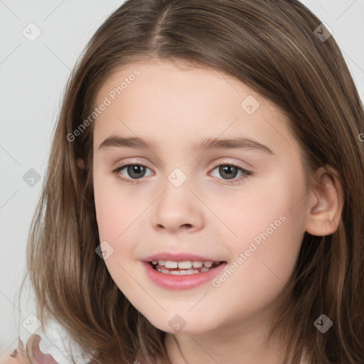 Joyful white child female with medium  brown hair and brown eyes