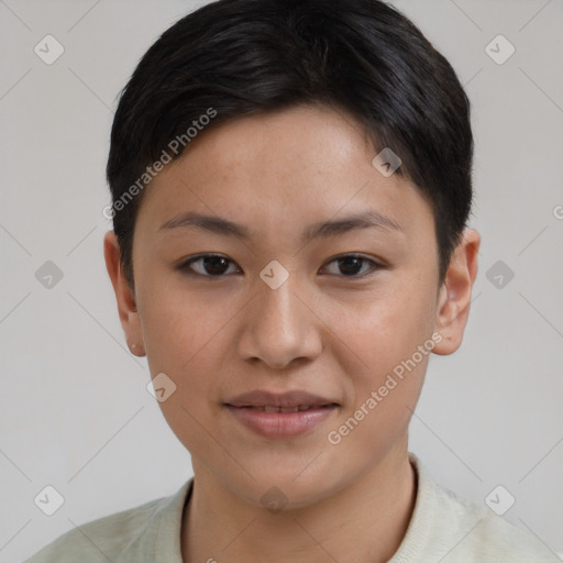 Joyful asian young-adult female with short  brown hair and brown eyes