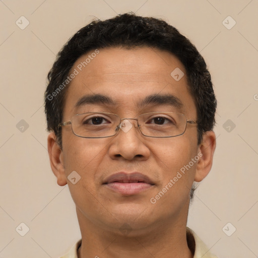 Joyful latino adult male with short  brown hair and brown eyes