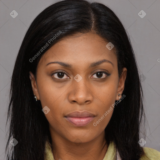 Joyful asian young-adult female with long  brown hair and brown eyes