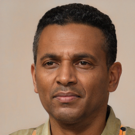 Neutral black adult male with short  black hair and brown eyes