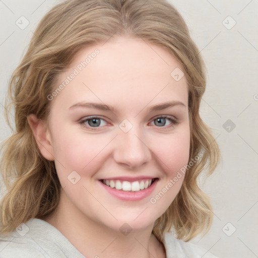 Joyful white young-adult female with medium  brown hair and blue eyes