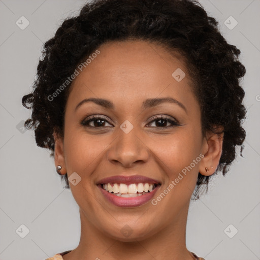 Joyful latino young-adult female with short  brown hair and brown eyes