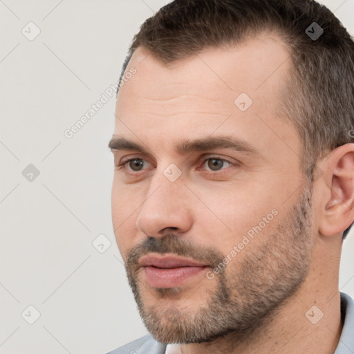 Neutral white young-adult male with short  brown hair and brown eyes