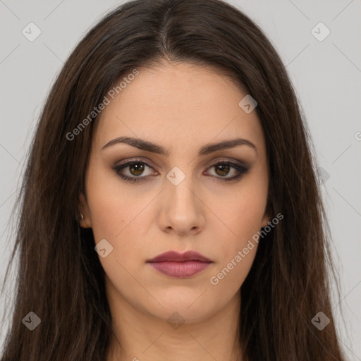 Neutral white young-adult female with long  brown hair and brown eyes