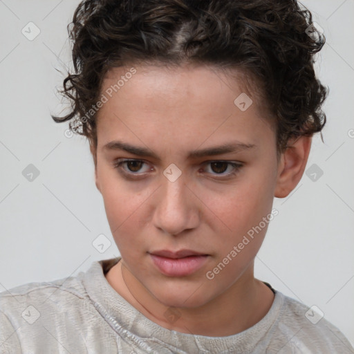 Neutral white young-adult female with short  brown hair and brown eyes