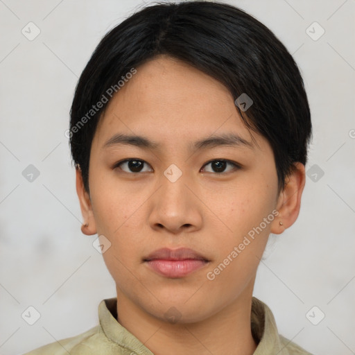 Neutral asian young-adult female with short  brown hair and brown eyes