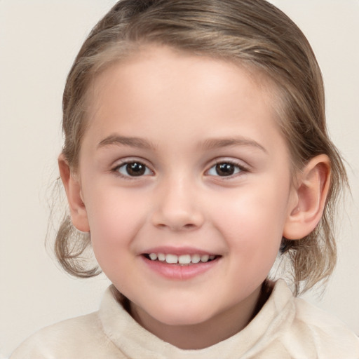 Joyful white child female with medium  brown hair and brown eyes