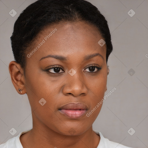 Joyful black young-adult female with short  brown hair and brown eyes