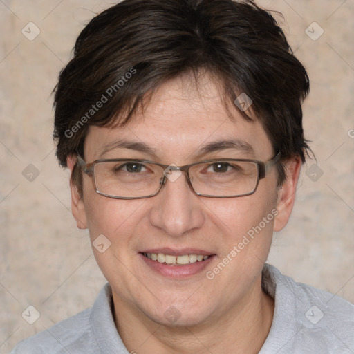 Joyful white adult female with short  brown hair and brown eyes